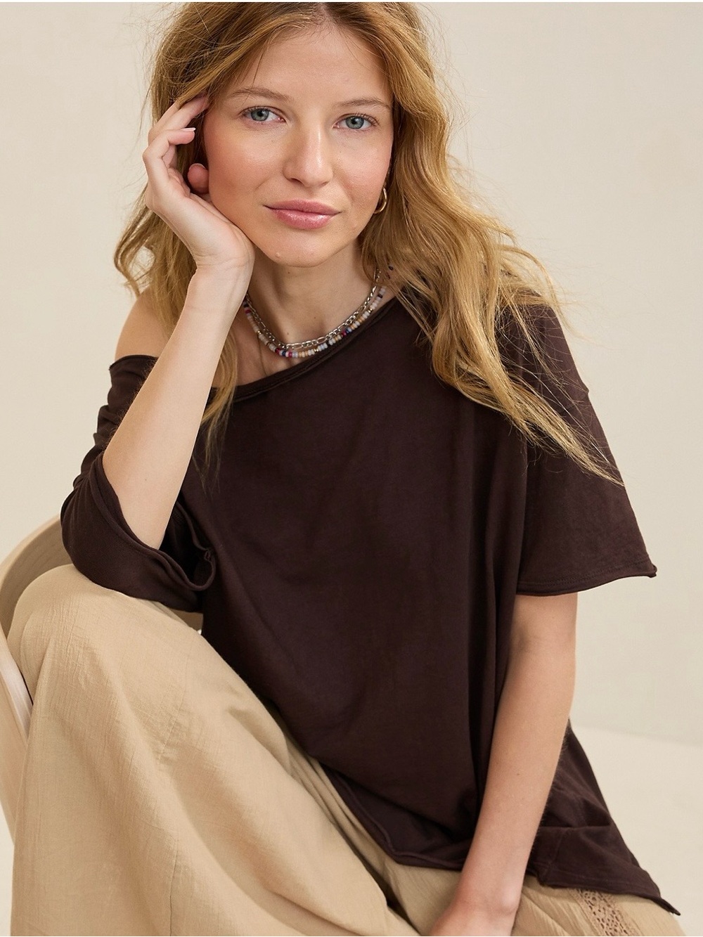 aerie Off-The-Shoulder Oversized Boyfriend T-Shirt in Deep Earth